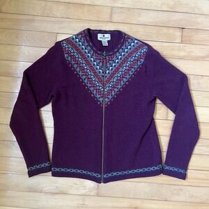 Woolrich Womens Purple Fair Isle Full Zip Wool Blend Cardigan Sweater Small